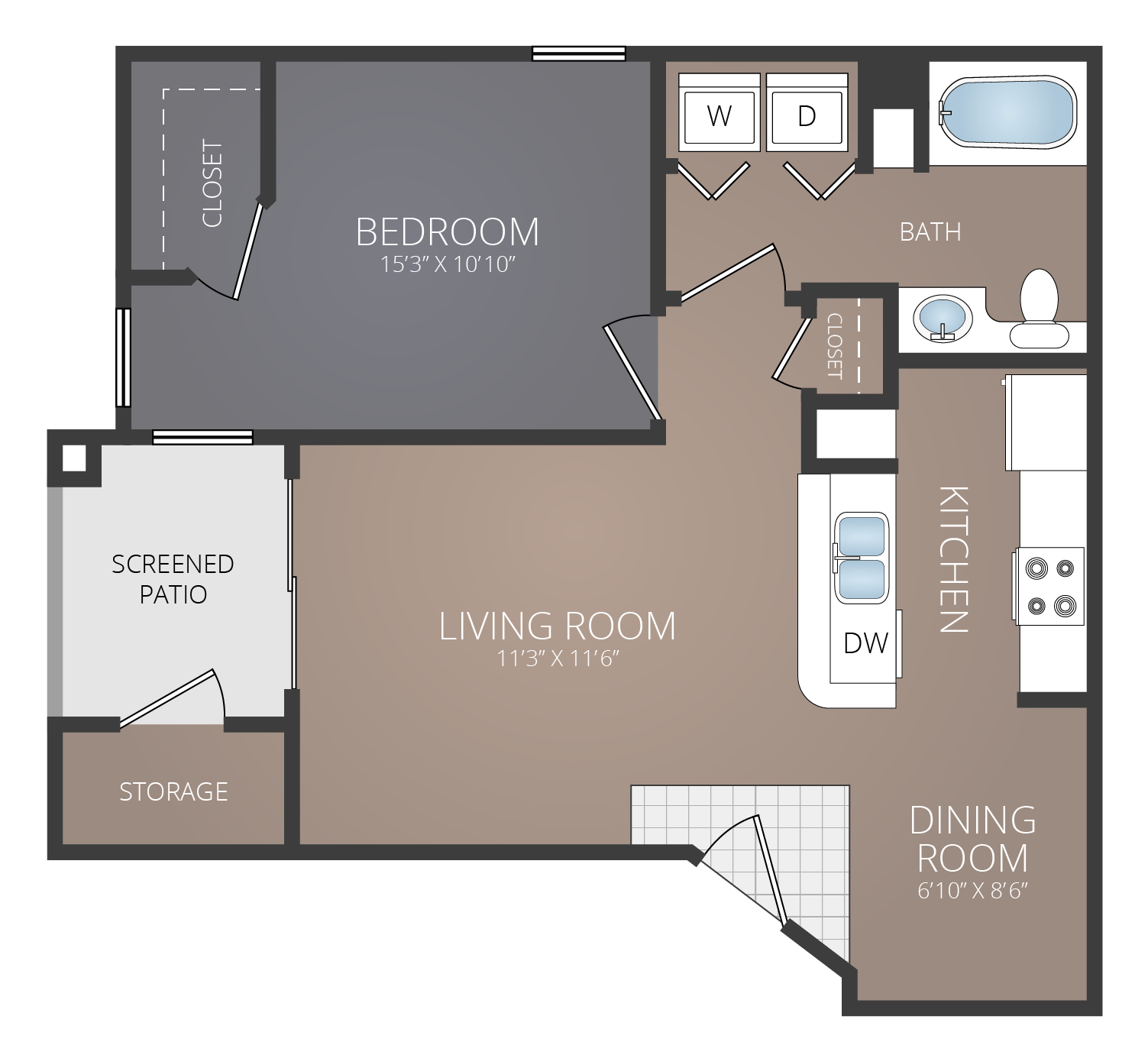 Floor plan for 1 bed, 1 bath, 670 sqft